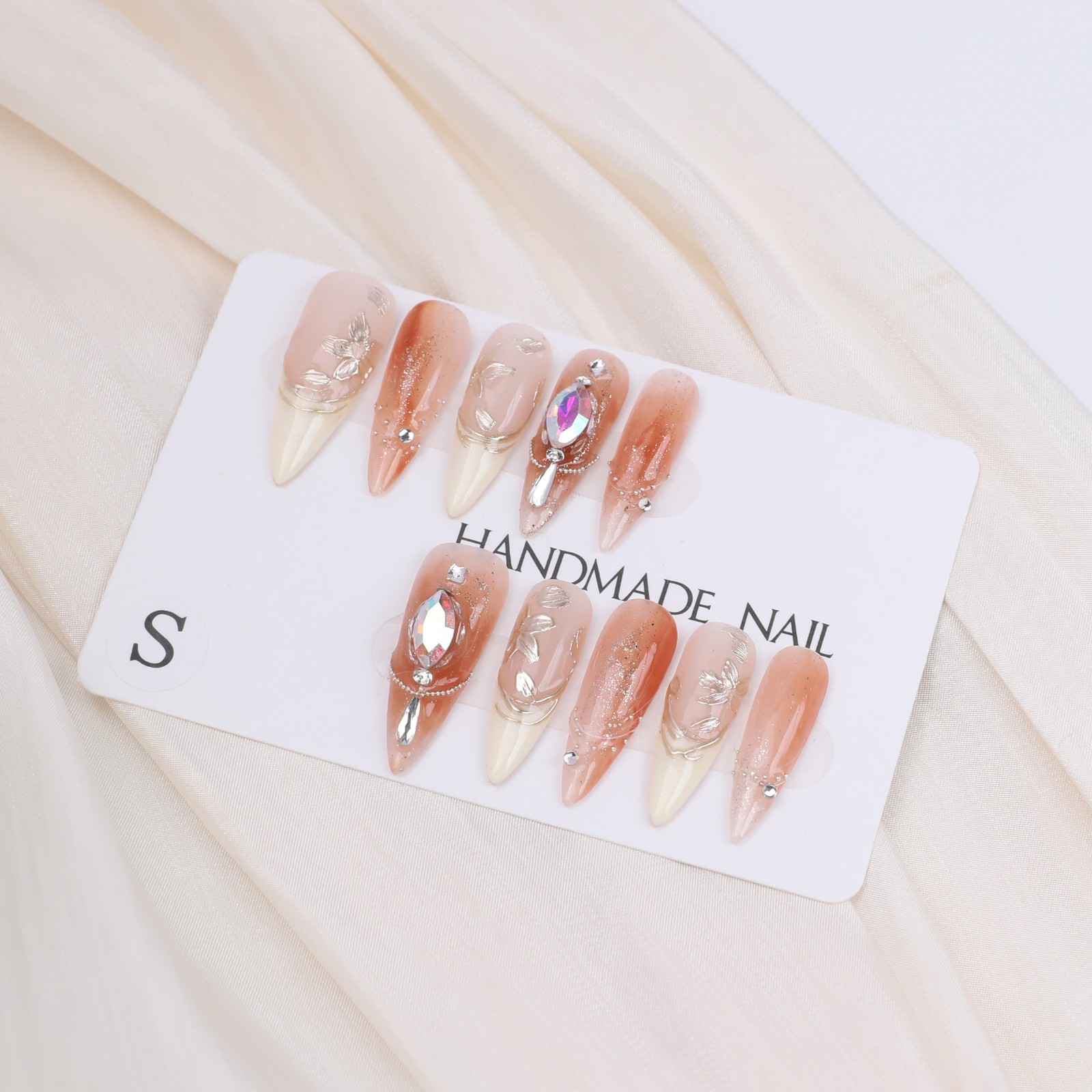 Honey Tea Pink Brown Ombre Press On Nails Medium Stiletto Gold Foil Rhinestone