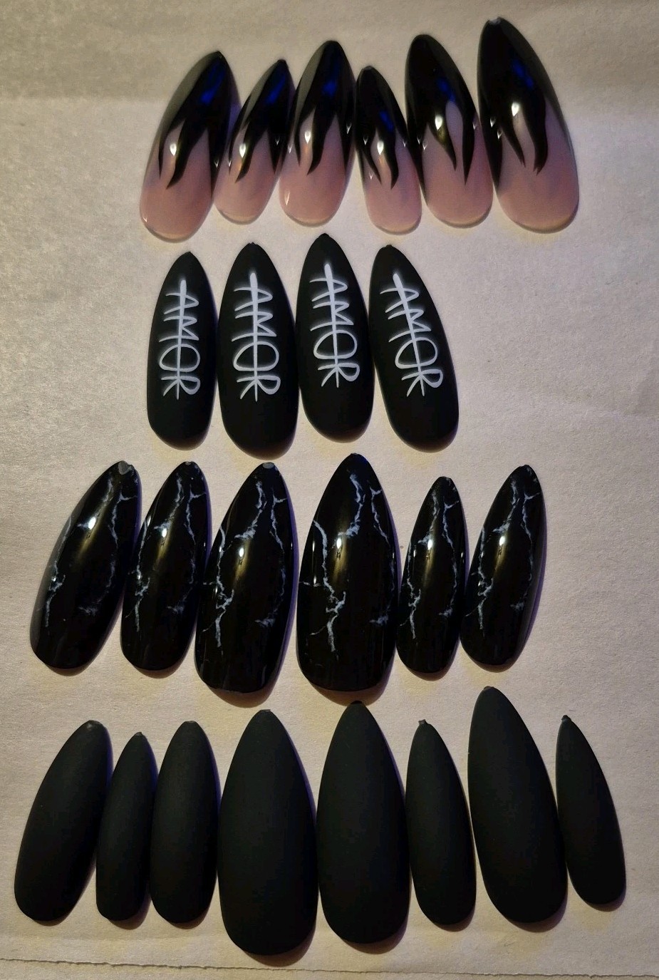 24 Nails Glossy, Matte, Flame, Marble, Amor Long Almond Shaped Black Pink White
