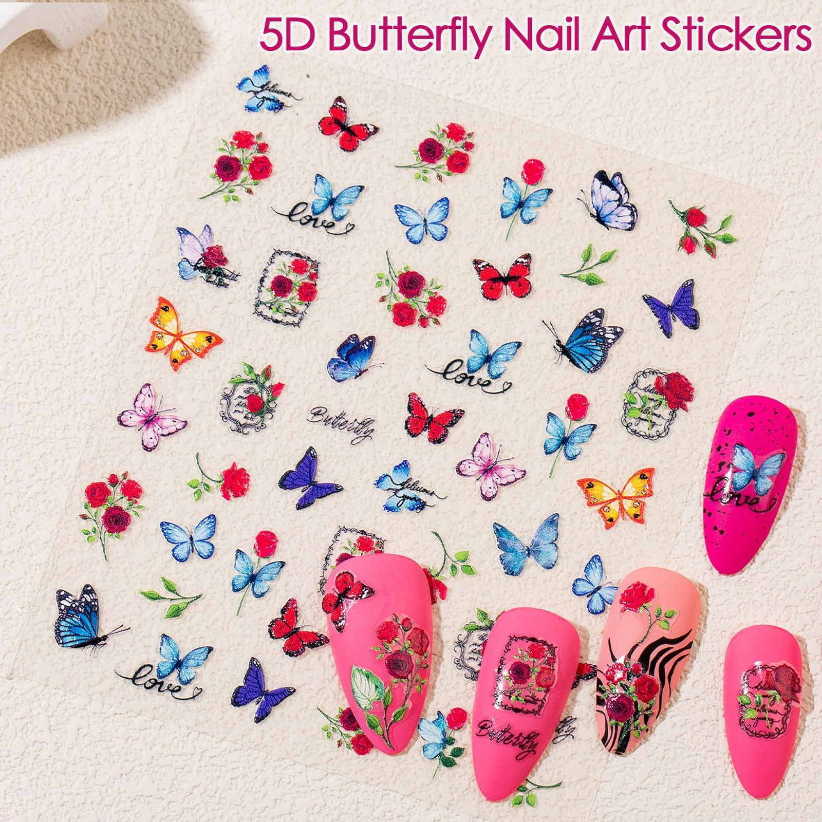 Gel Nail Stickers for Nail Art, 3D Embossed Summer Flower and Butterfly Decals