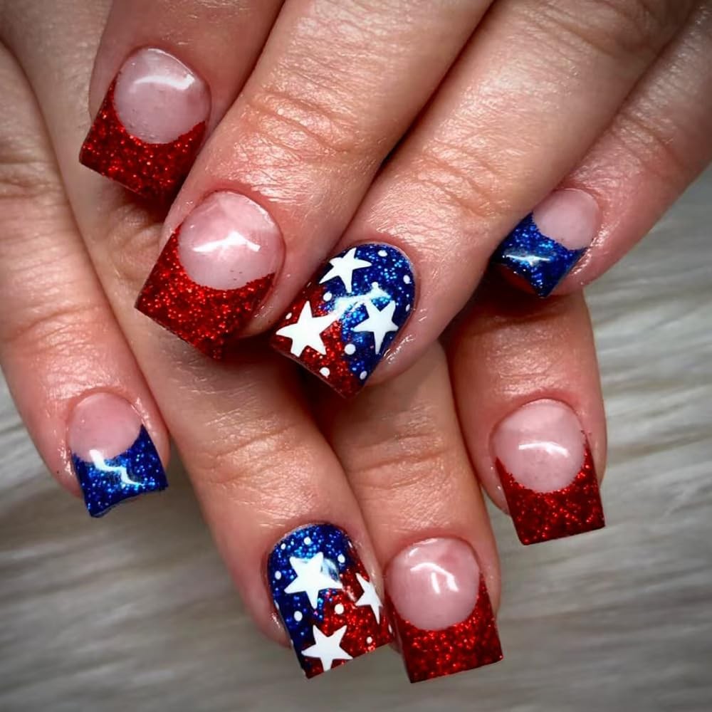 Independence Day Press on Nails French Tip Fake Nails Blue Red False Nails wi…