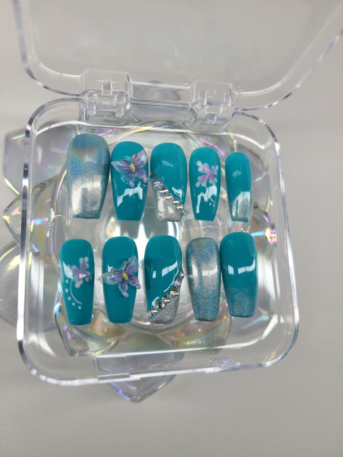 Teal & Silver Shiny Floral Coffin Press-On Nails, Medium Full Cover Set