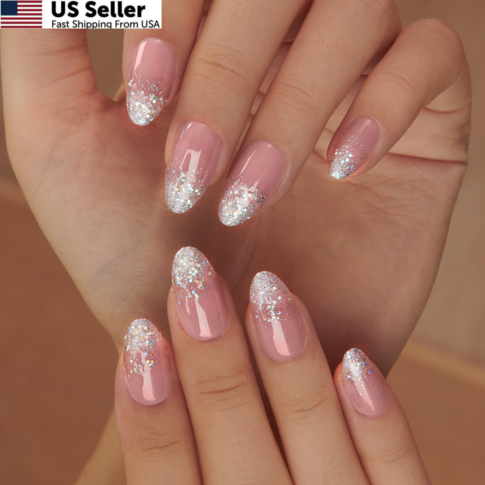CurvLife Press On Nails Medium Almond Apricot – 30pcs Medium, glitter nails