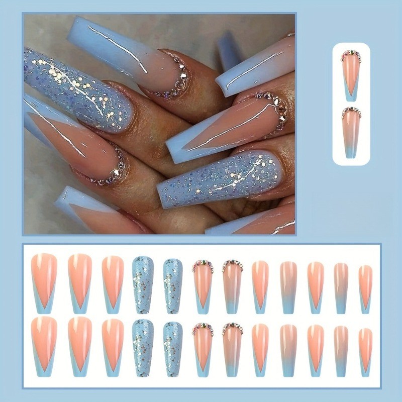 48pcs Baby Blue & Nude Press on Nails Long Coffin with Ombre and Silver Glitter