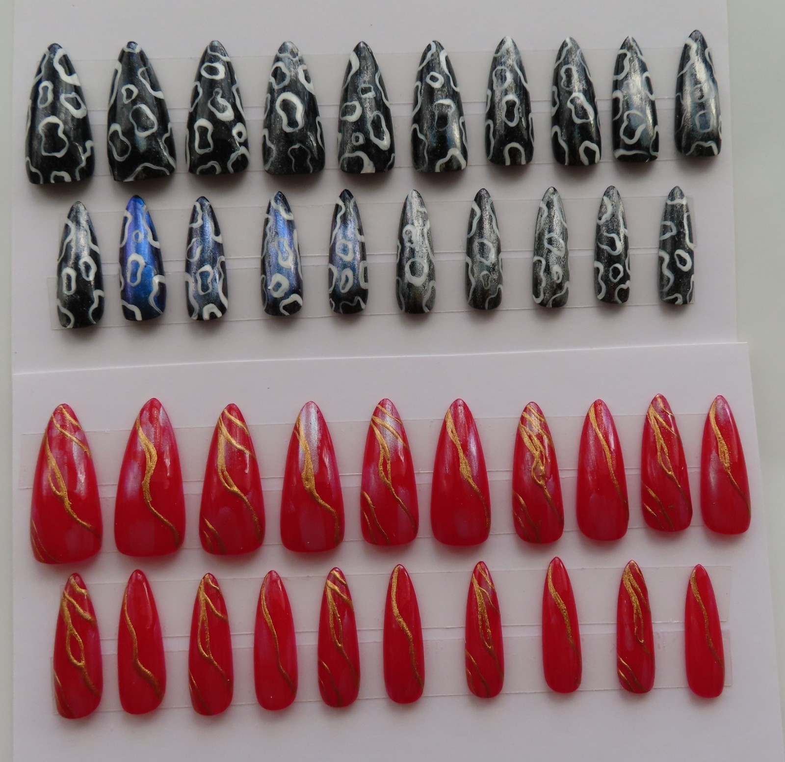 (2) Sets Red Gold Chrome | White Silver Black Swirl Grunge Almond Press-On Nails