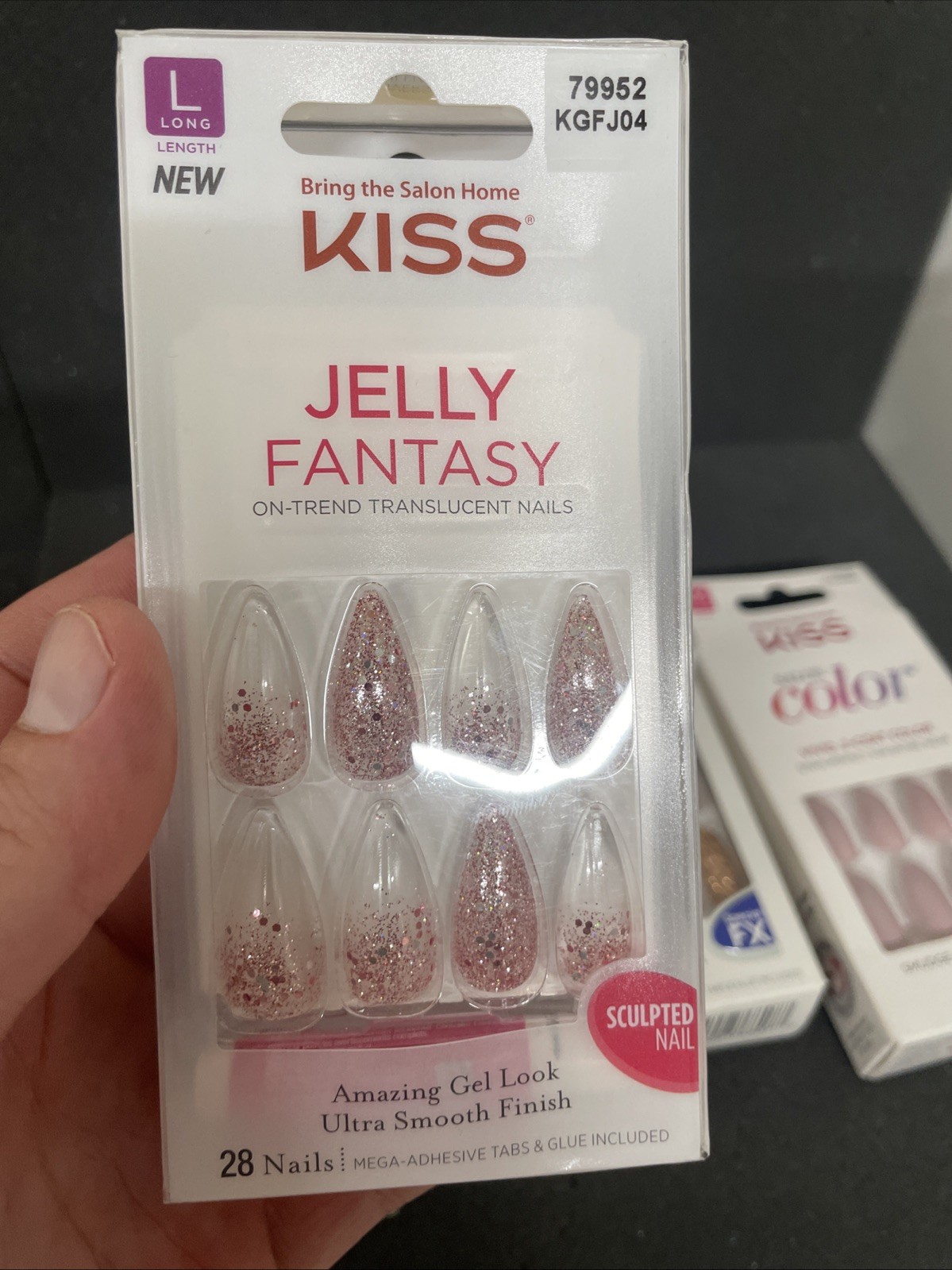 6 Kiss Glue-On Nails Lot Jelly Fantasy, Gel Fantasy, Glam Fantasy Long Med.