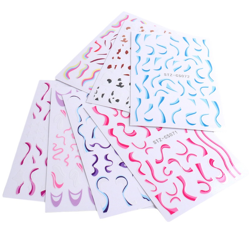 7Pcs Nail Art Stickers Decal Pink White French Line Swirl Wave Geometric NS7