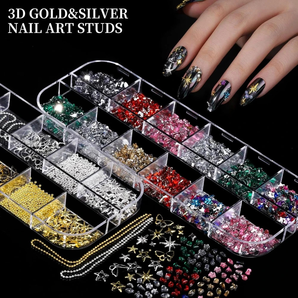 Nail Charms, Nail Rhinestones Kit with 8 Boxes of Nail Gems, 3D Charms for Nails