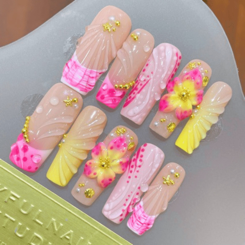 10pcs Long Square Press on Nails, Pink Nude 3D Shell Flower Trendy Nail Art