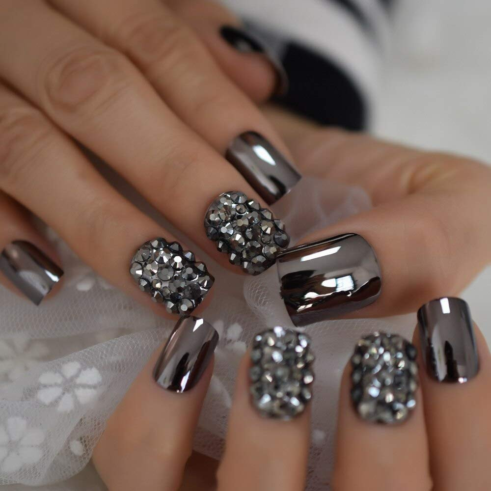 Punk Dark Smoky Gray Reflective Mirror Metal Plating False French Nail Tips Punk