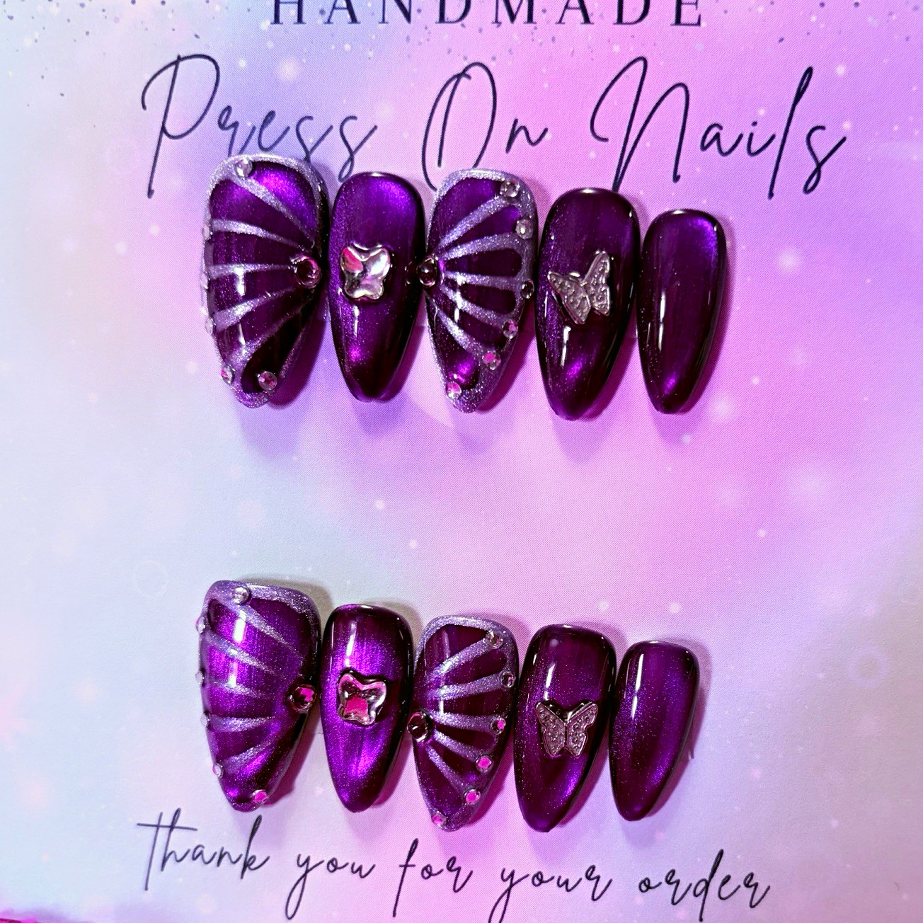 Homemade Purple/Silver Shimmer Butterfly Coffin Press-On Nails, Long size large