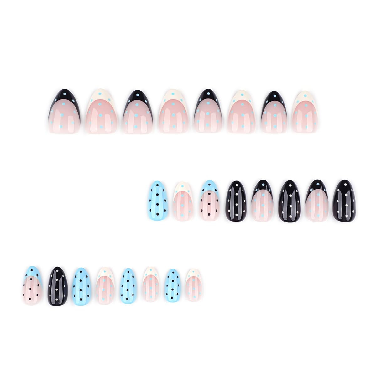 Polka Dot Press on Nails Short Almond Fake Nails Summer Blue Nails Press Ons wit