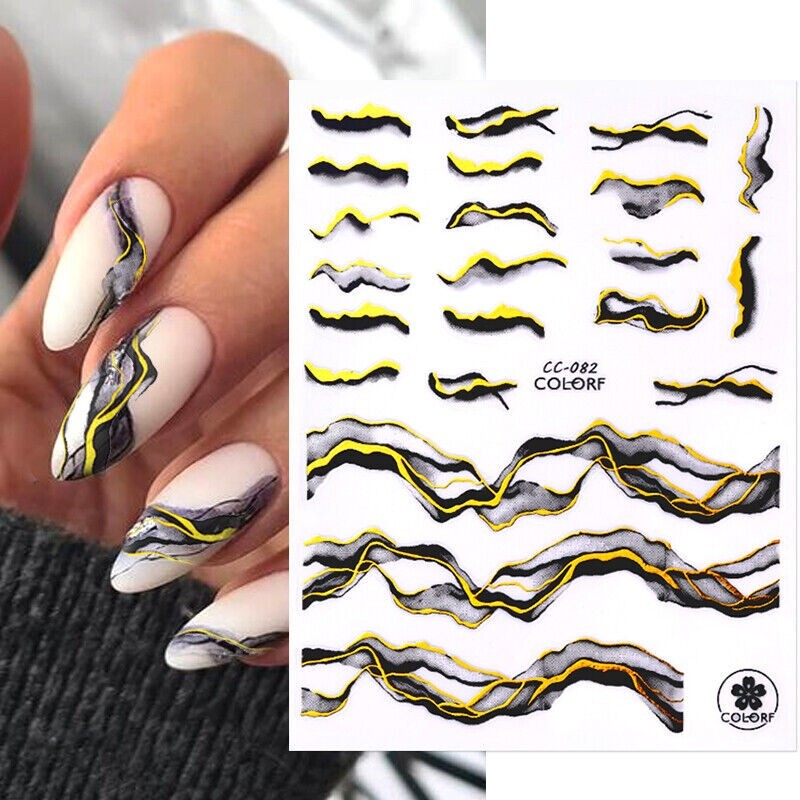 Line 3D Nail Stickers Black White Marble With Gold Foil Nail Decals Pattern NS43
