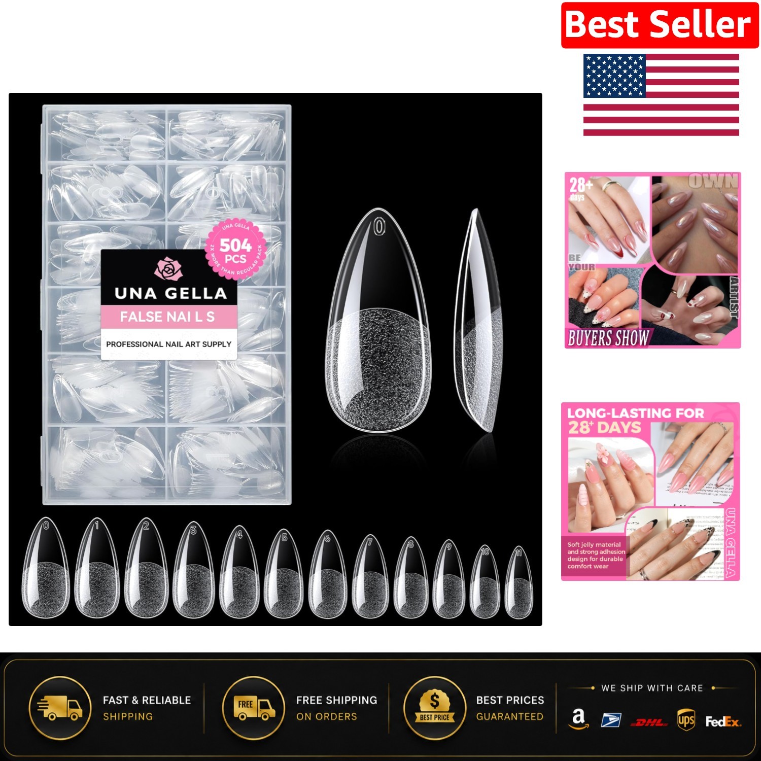 Full Coverage Almond Shape Fake Nail Tips – 504PCS Easy Application Gel Nails
