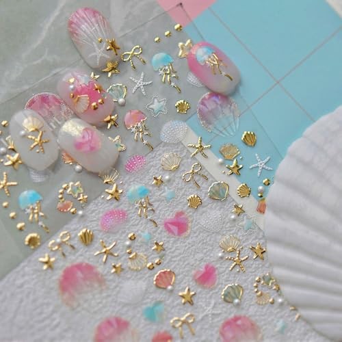 1 Sheets Summer Nail Decals for Nail Art 5D Gold Seashell Ocean Stickers-2