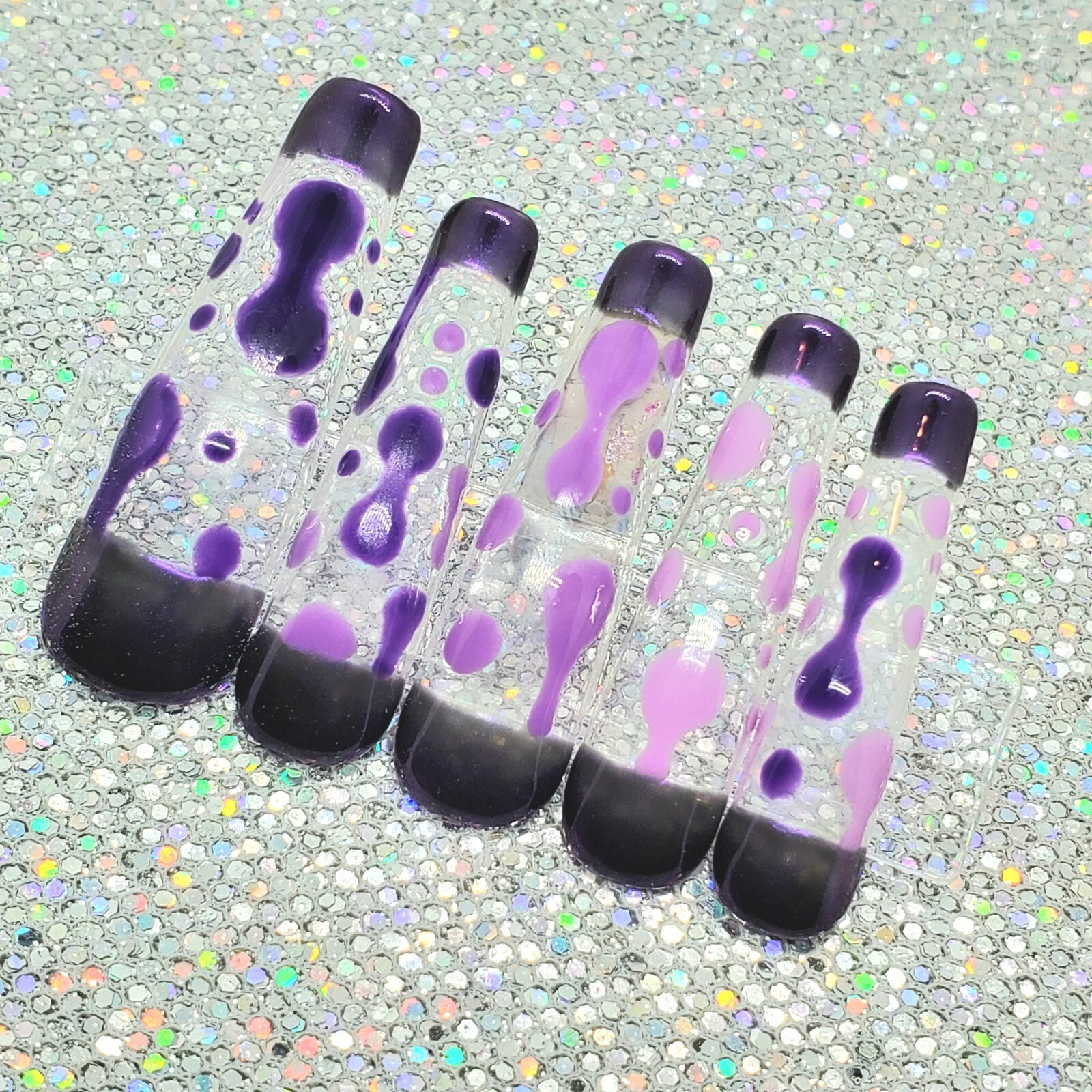Purple Chrome Lava Lamp Extra Long Ballerina Press On Nails Handmade Hard Gel