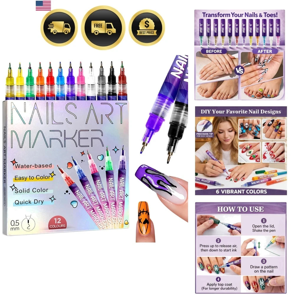 12 Colours Nail Art Markers, Nail Art Pens, Nail Polish Pens Set with Fine Ti…