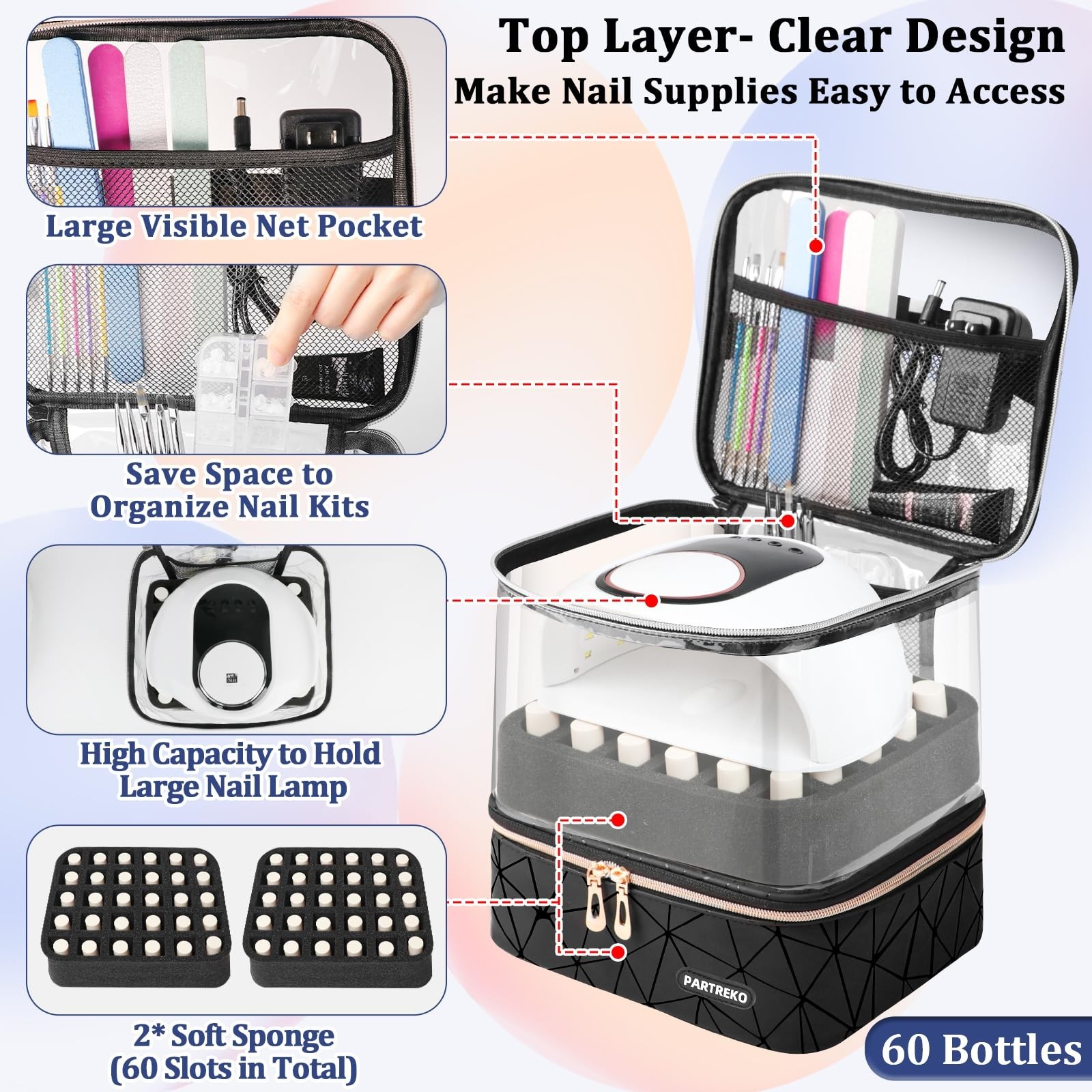Clear Nail Polish Organizer Holds 60 Bottles (15ml/0.5fl.oz)& Nail Lamp, Doub…