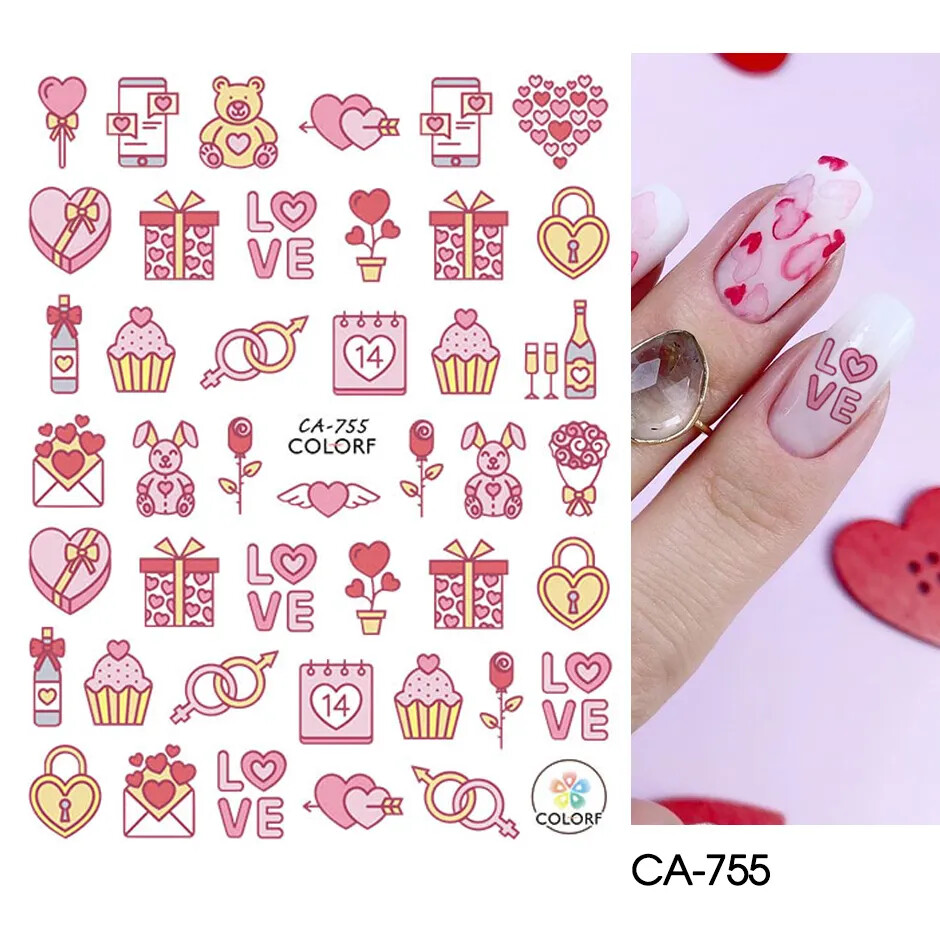 Nail Art Stickers Decals Transfers Valentines Day Pink Love Hearts Red Heart