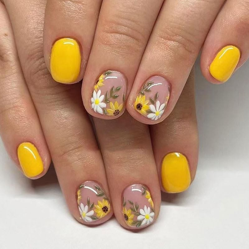 24 Pcs Yellow Press on Nails Short Square Flower Nail Tips,YEFIUO Artificial …