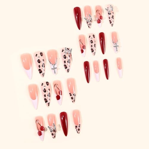 Press on Nails Long Stiletto Fake Nails with 3D Cherry, Butterfly AS1-017