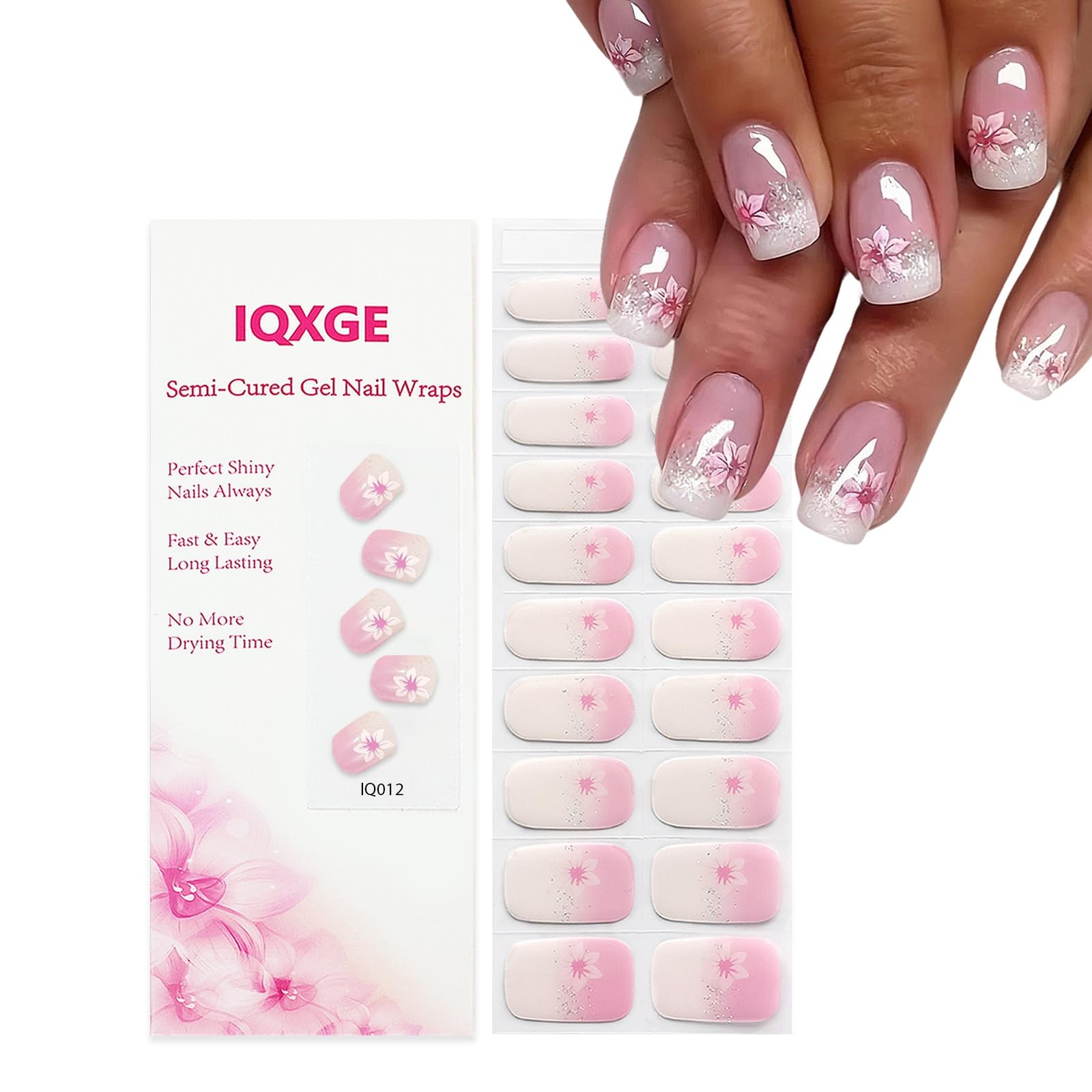 20PCS Pink Semi Cured Nail Strips Spring Summer Ombre Nail Wraps Glossy Flowe…