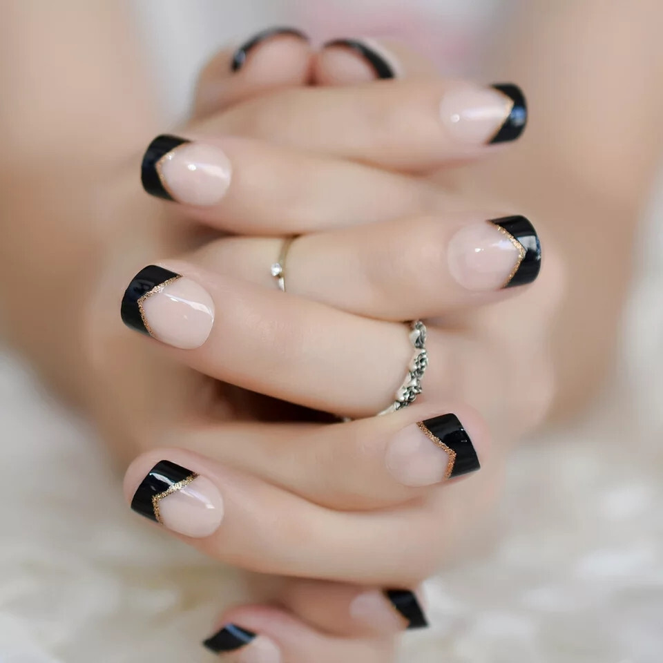 24 Short Press on nails kit w/ glue black tip french mani gold glitter line
