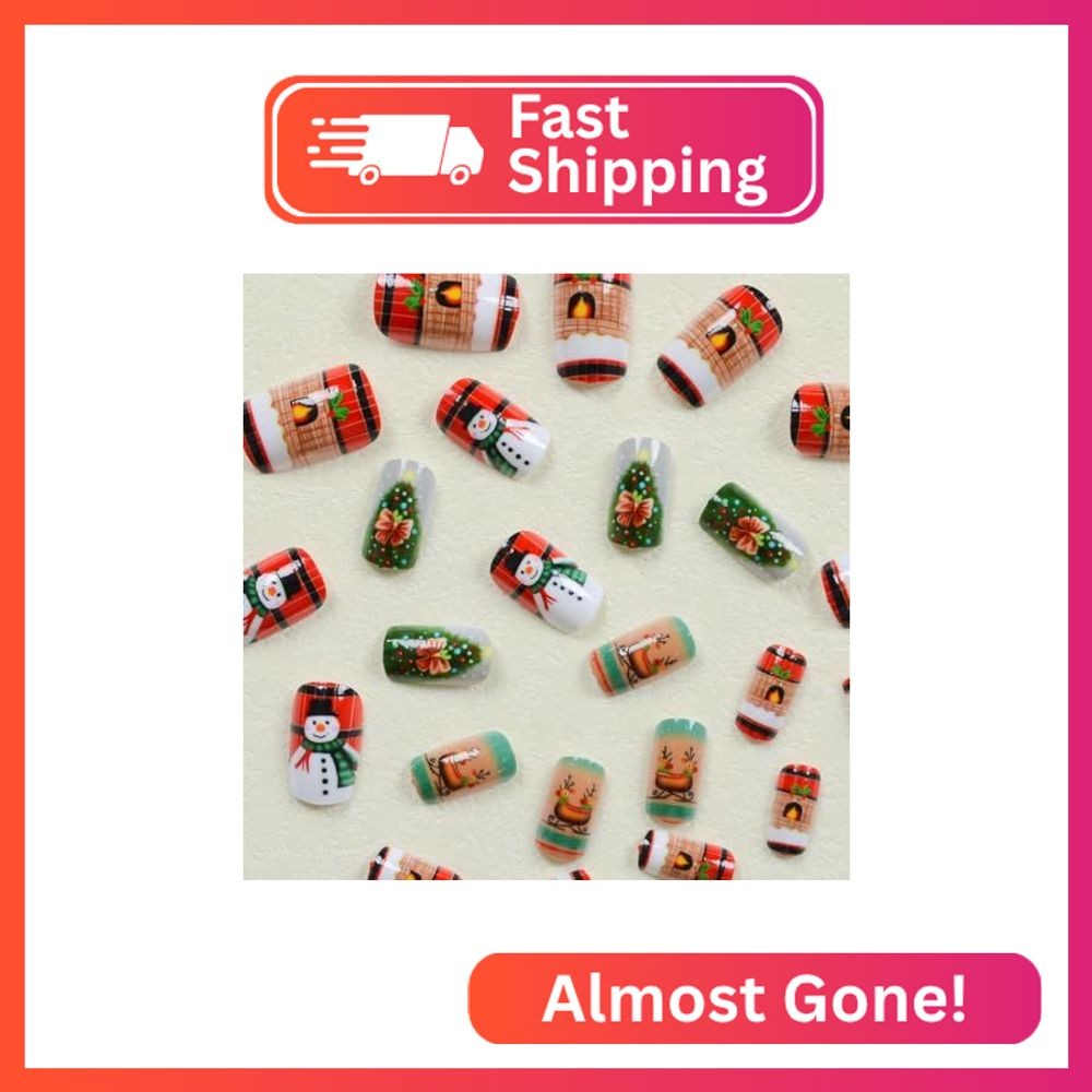 24Pcs Christmas Press on Medium Square Fake Nails with Xmas Tree Snowman Deer De