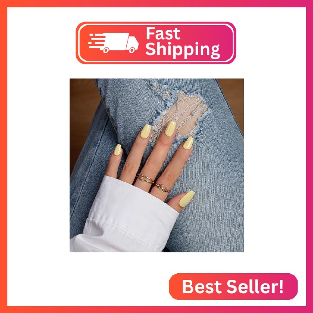 KQueenest Light Yellow Press On Nails Short – Acrylic Press On Nails Coffin, She