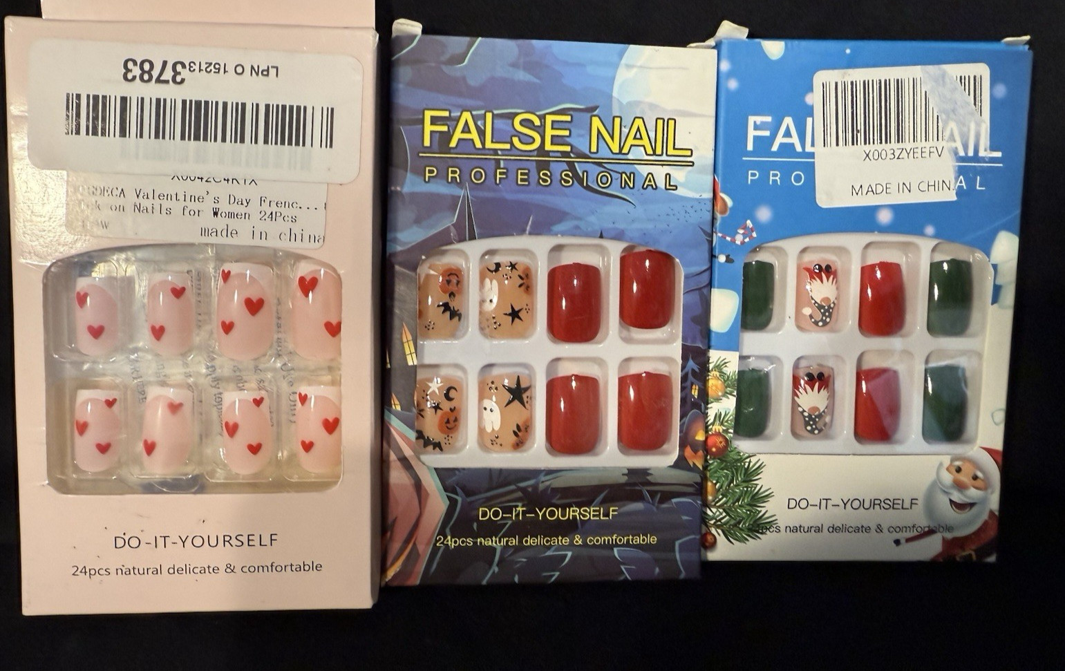 3-Pack Holiday Press-On Nails – Valentine’s, Halloween & Christmas Designs