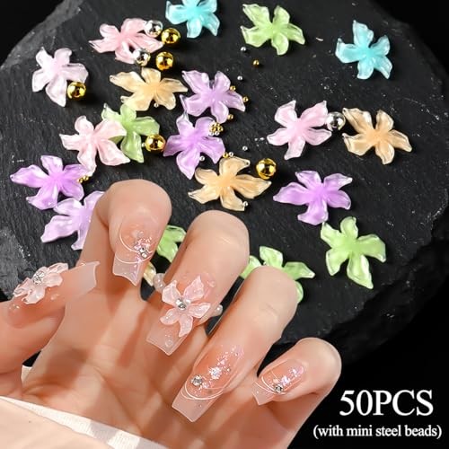 100PCS Nail Charms Acrylic Flower Nail Art Decorations 3D Lily Hibiscus Floral