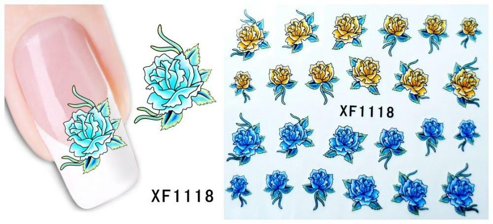 Nail Art Water Transfer Sticker Decal Stickers Pretty Flowers Yellow Blue XF1118