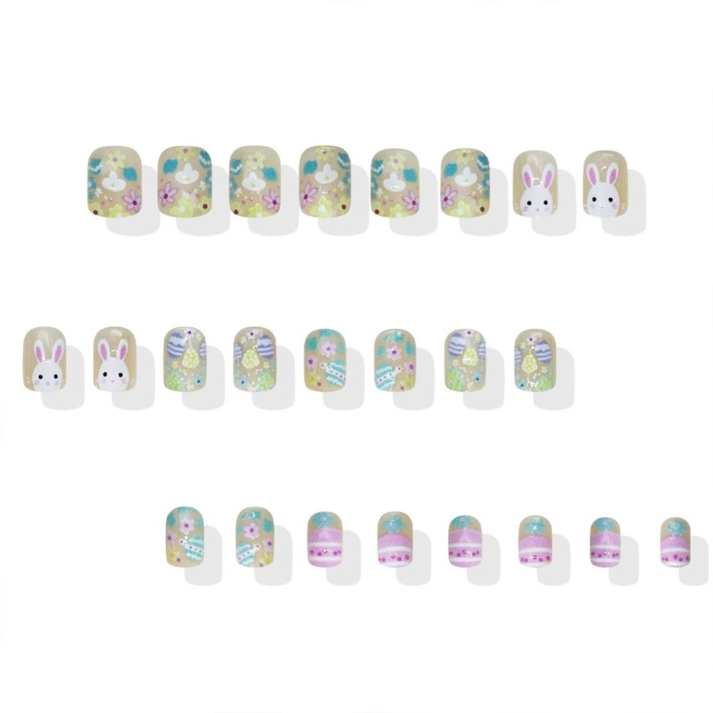 Adorable Rabbit Egg Printed Artificial Nail Short Square Shape Easy To Wear