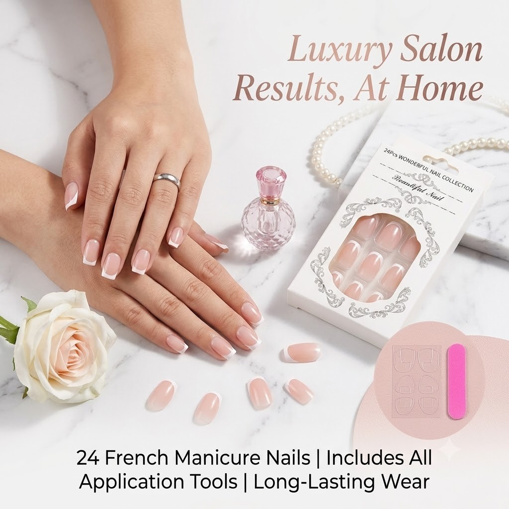 White French Tip Press on Nails Short Square False Nails Nude Pink Coffin