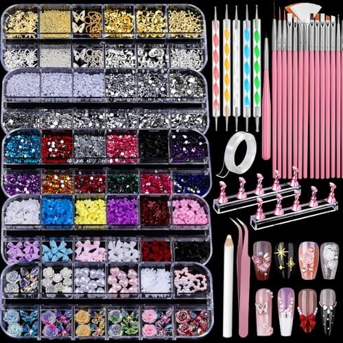 3D Nail Charms & Art Tools Set – 5 Boxes Gems, 15 Brushes, 5 Dotting Tools, Nail