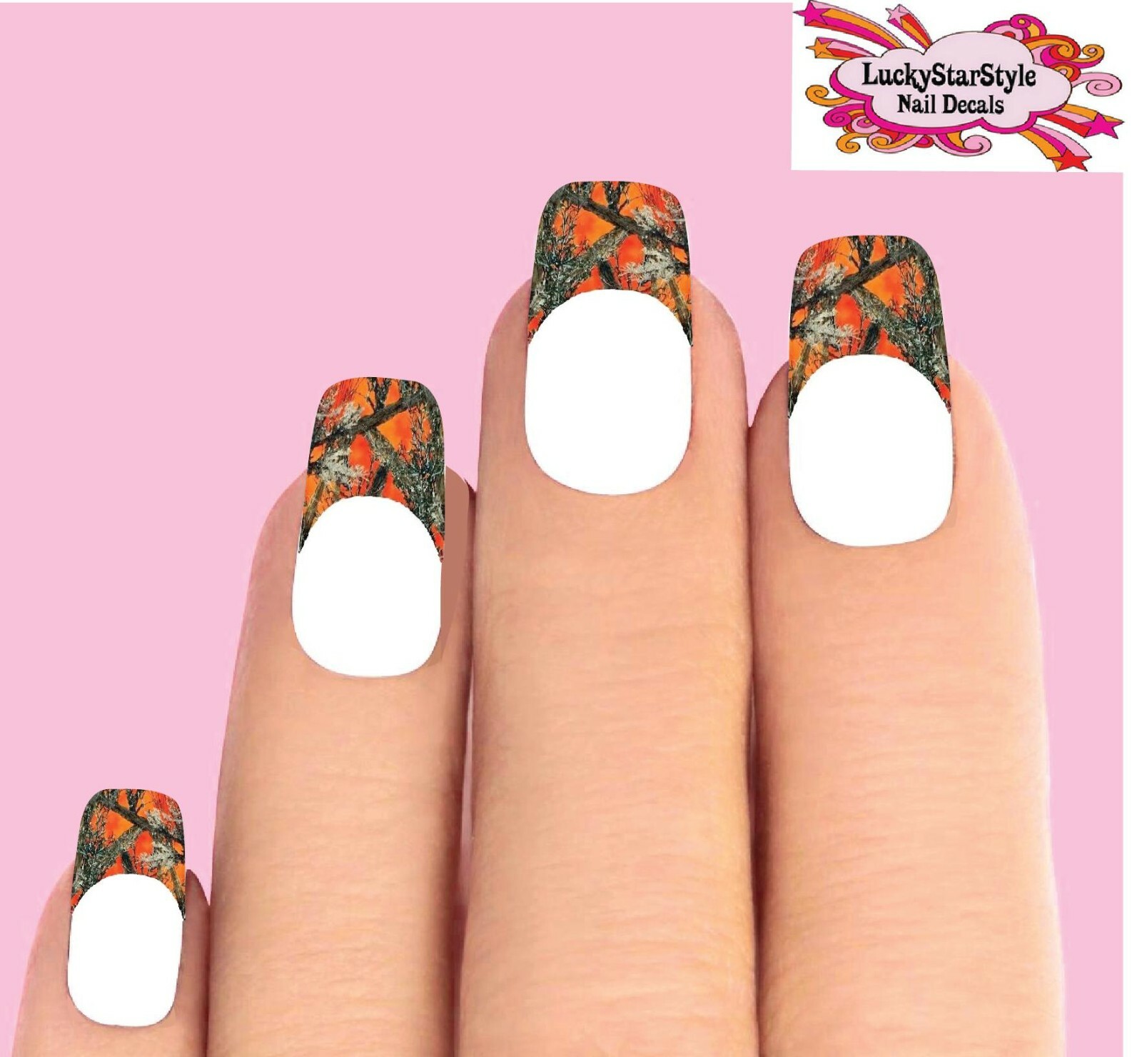 Waterslide Tips Nail Decals Set of 10 – Orange Mossy Oak Camo Camouflage