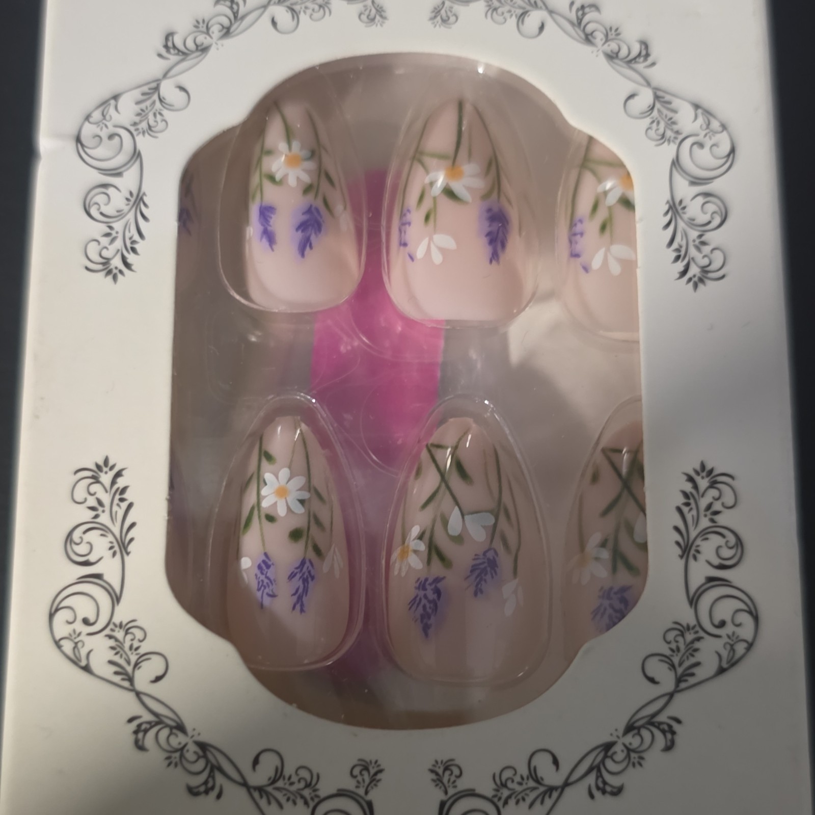 Press-On Nails Pink/White/Purple/Green Floral 3D Pre-Designed Full Cover Oval