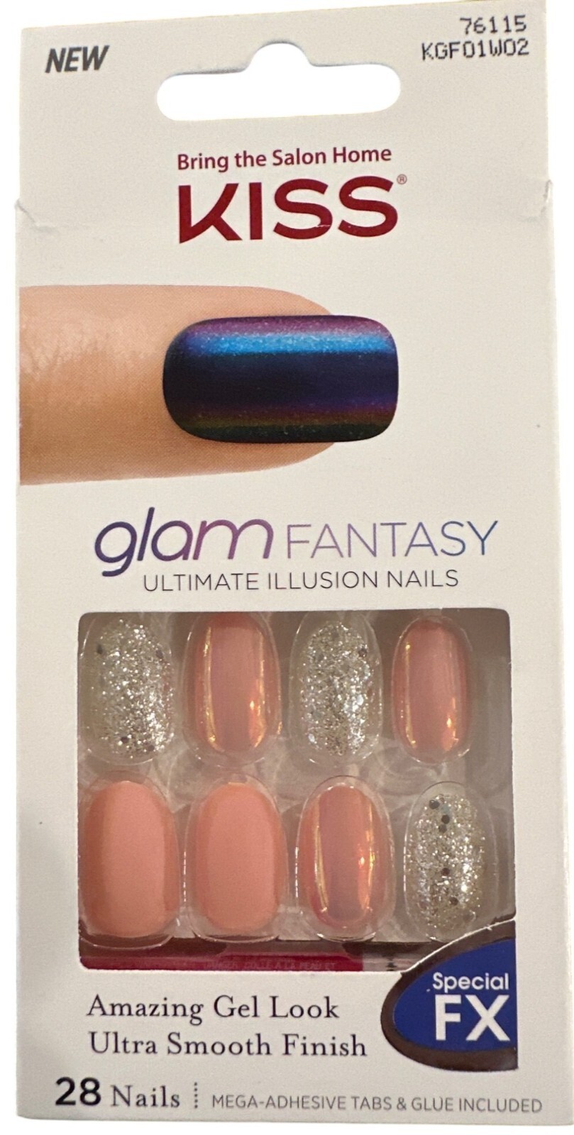 Kiss GLAM FANTASY 28 Nails Medium Almond Matte+Glossy+Irridescent Pink + Silver