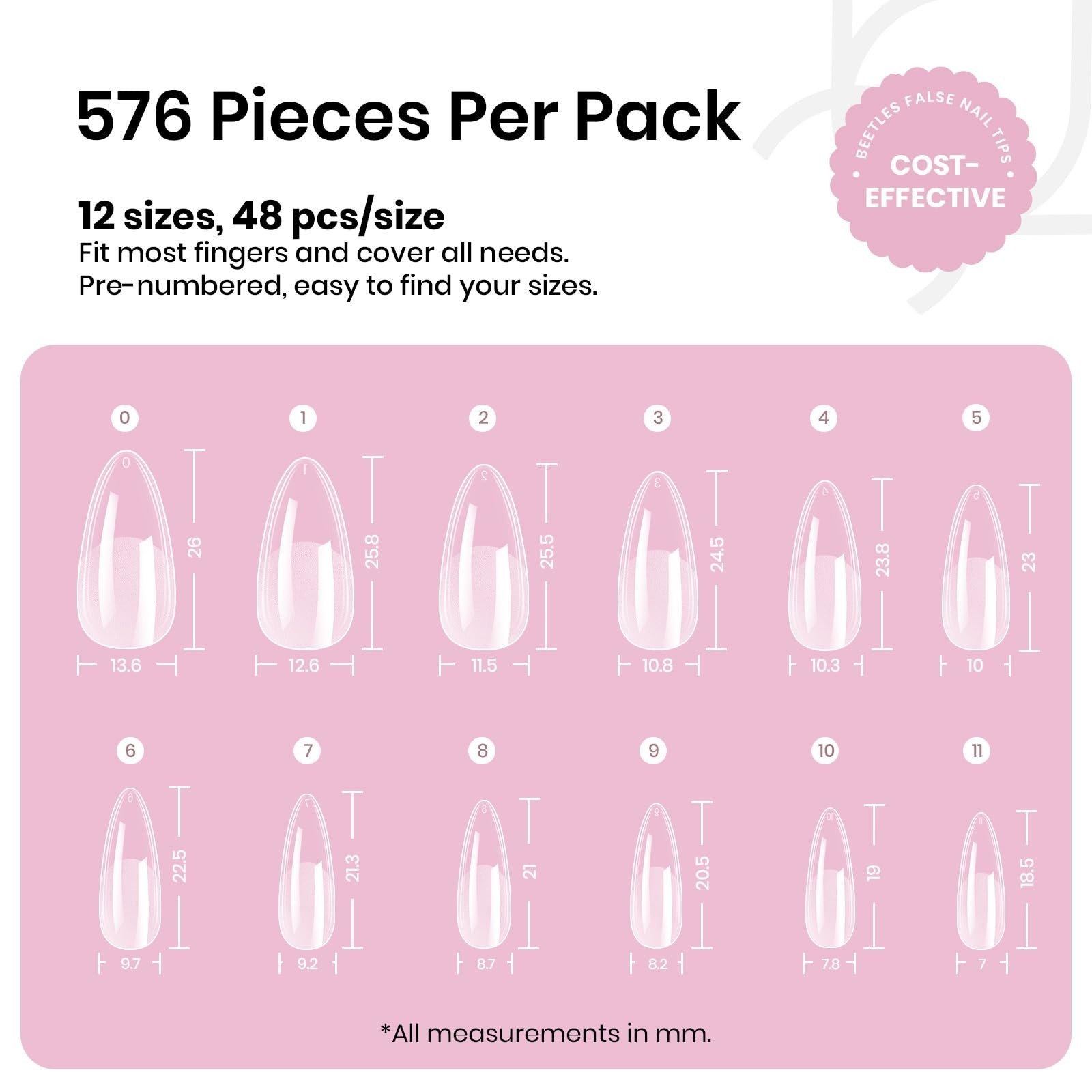Medium Almond Nail Tips 576pcs, 12 Sizes, Pre-Etched Soft Gel, Half Matte Full C