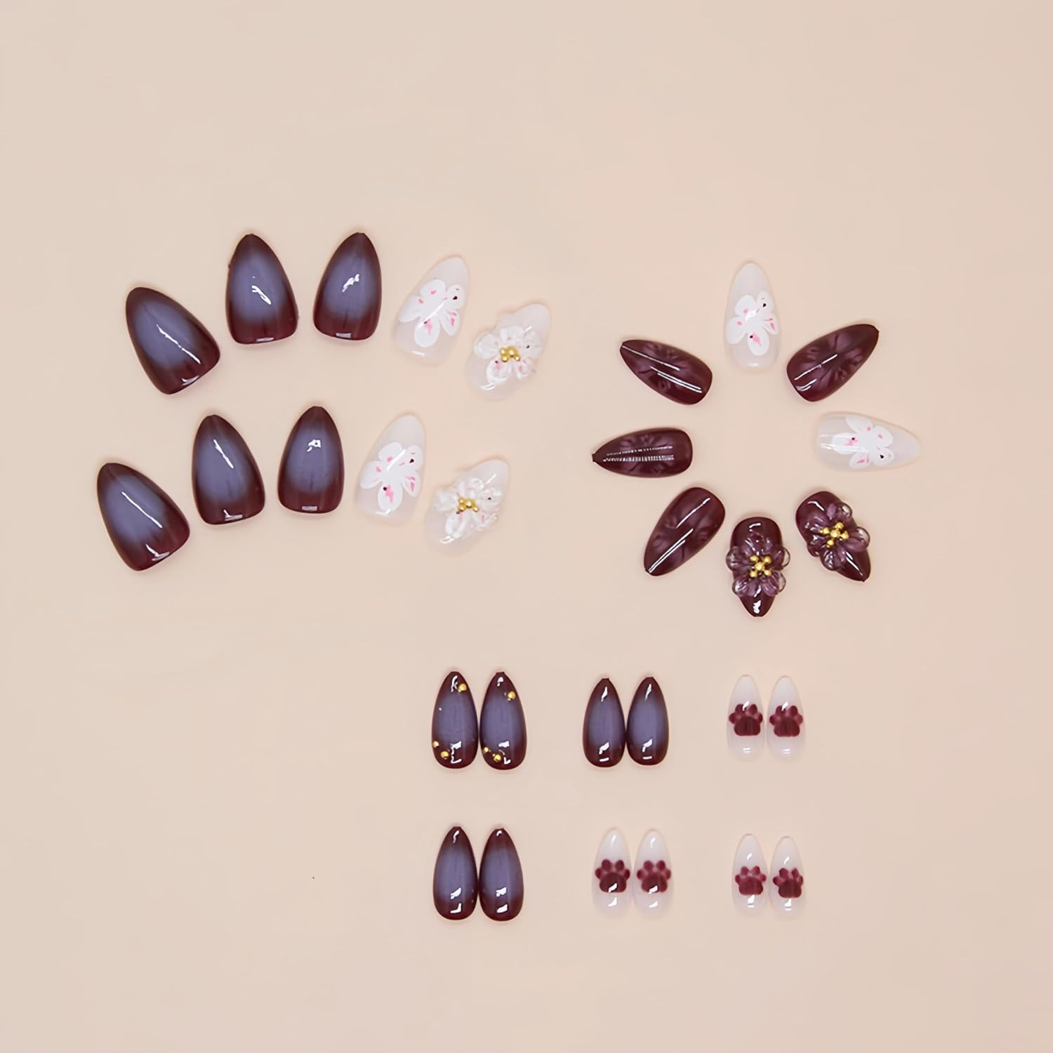 30Pcs Purple Flowers Press on Nails Medium Almond Fake Nails 3D Flower False Nai