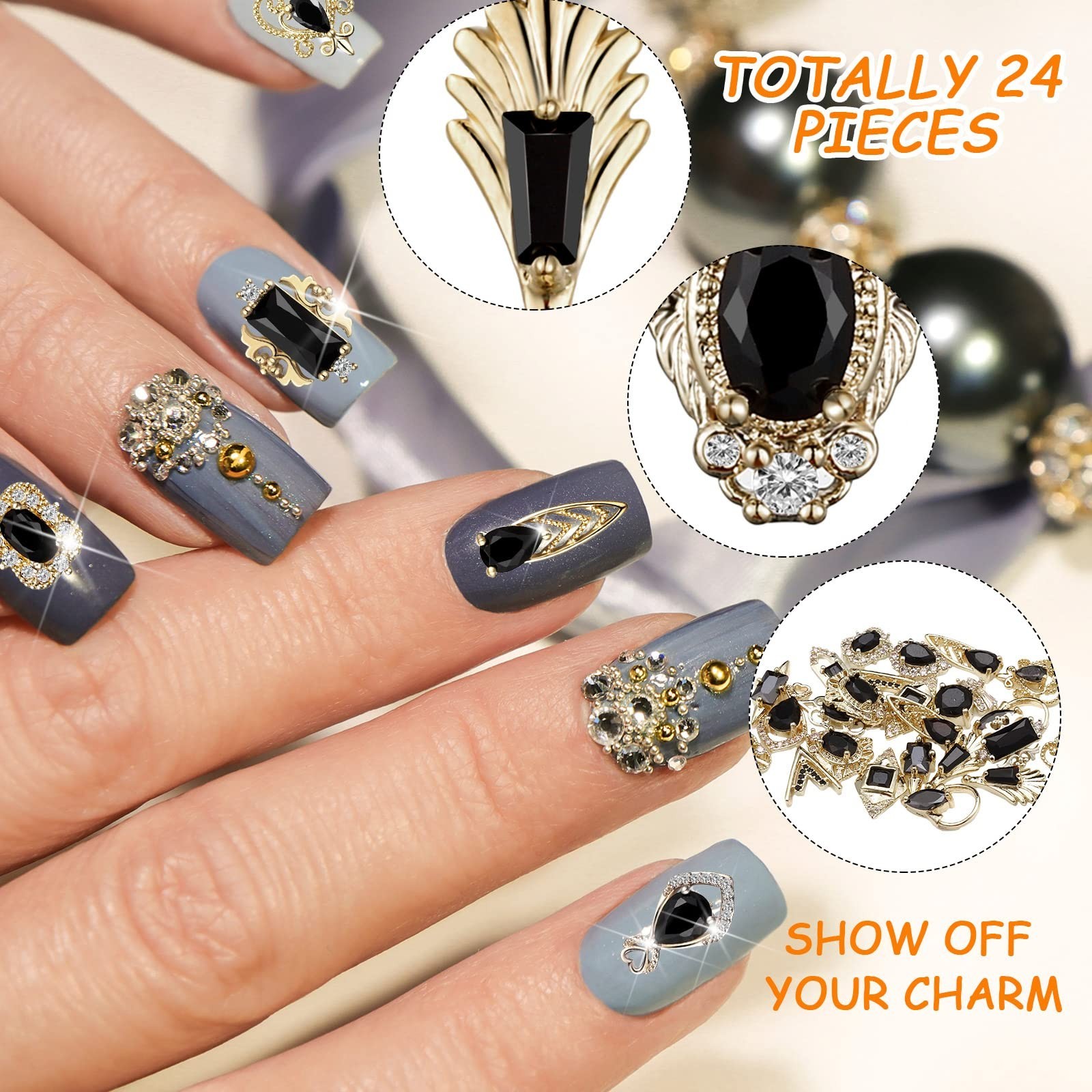 24 Pcs 3D Nail Charms – Gold & Black Rhinestones for Acrylic Nails, DIY Art Stor