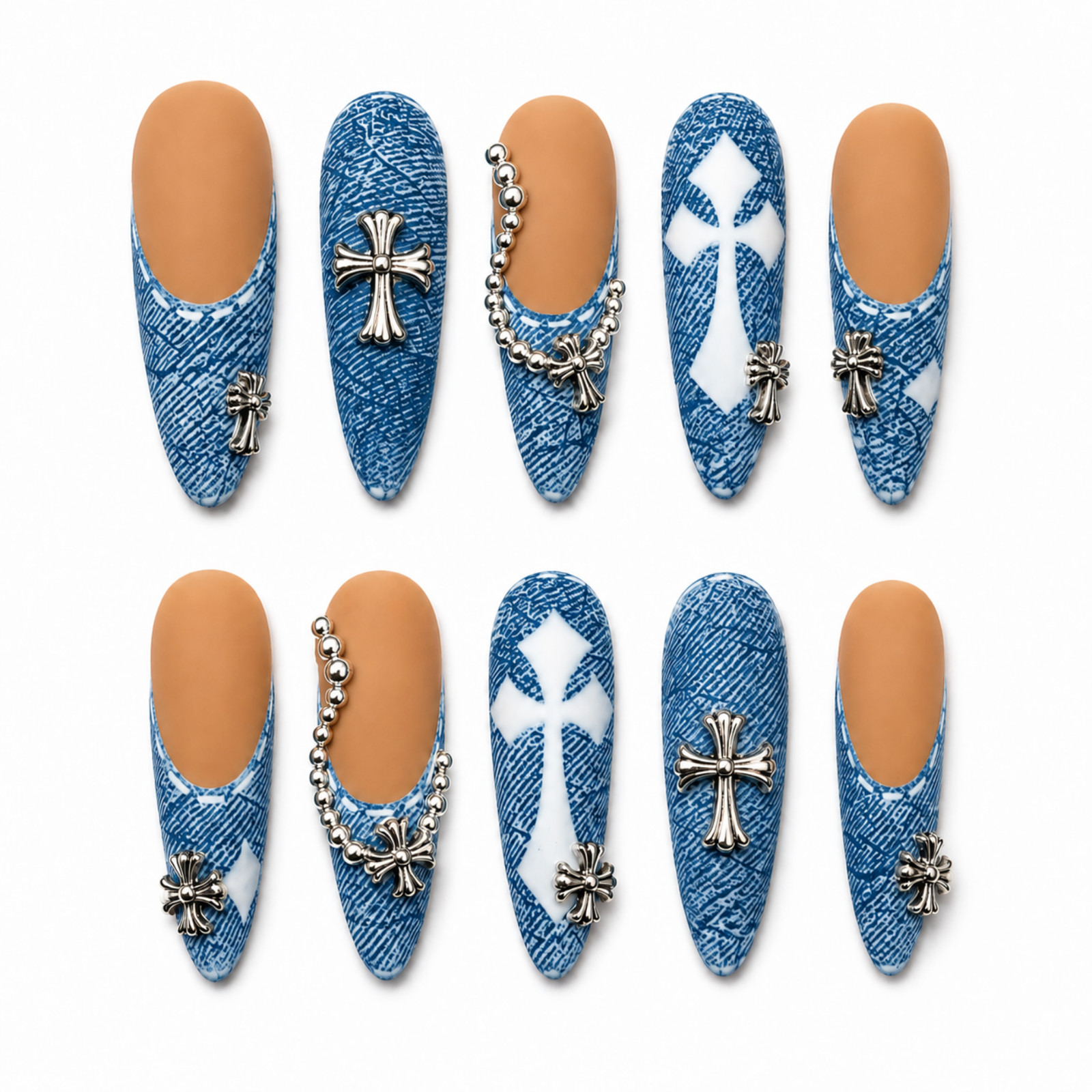 Handmade Blue Denim Gothic Cross Press On Nails Long Almond Y2K