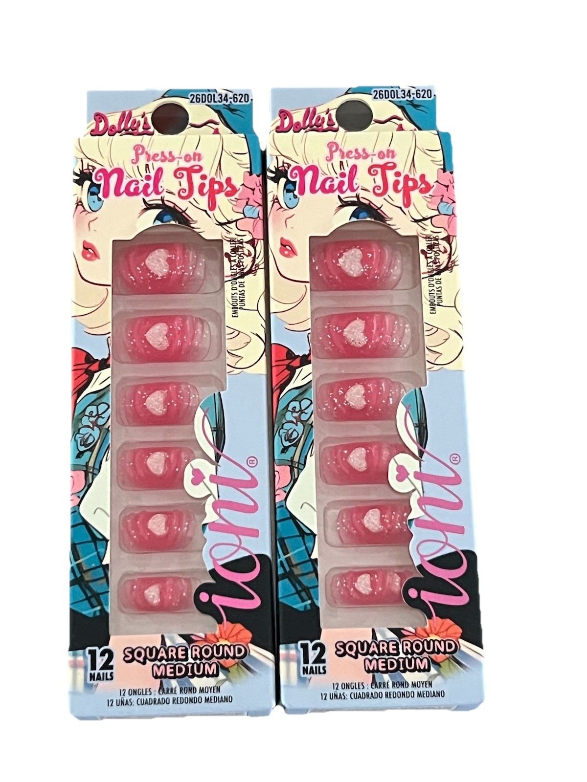 Ioni Dolly’s Adventure Pink Heart Glitter Square Round Med Nail Tips Press On 24