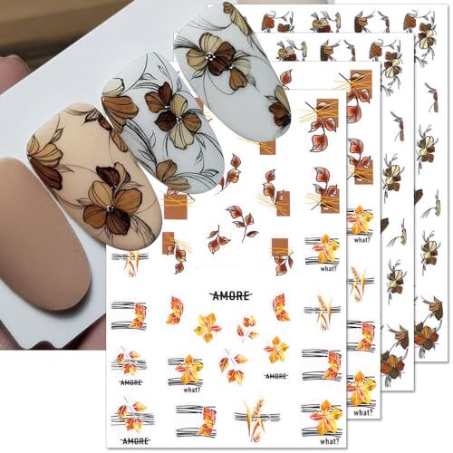 4 Sheets 3D Fall Nail Stickers,Autumn Leaf Flower Nail Art Stickers Fallen