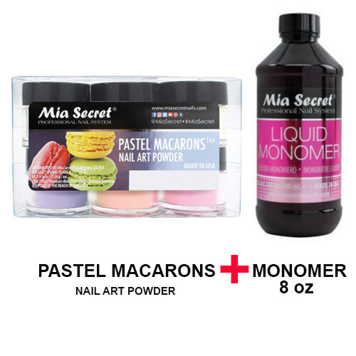 Mia Secret Monomer 8 oz with Pastel Macarons 6 Colors Set Nail Art Powder