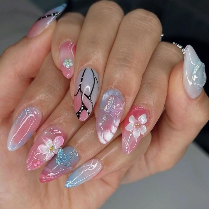 48pcs-Pink Blue Ombre Press on Nails, Medium Almond with Floral & Butterfly Tips