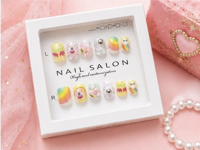 Kids 3D Rainbow Press On Nails 12PCS with Adhesive Tabs Cute Fake Nails for Girl