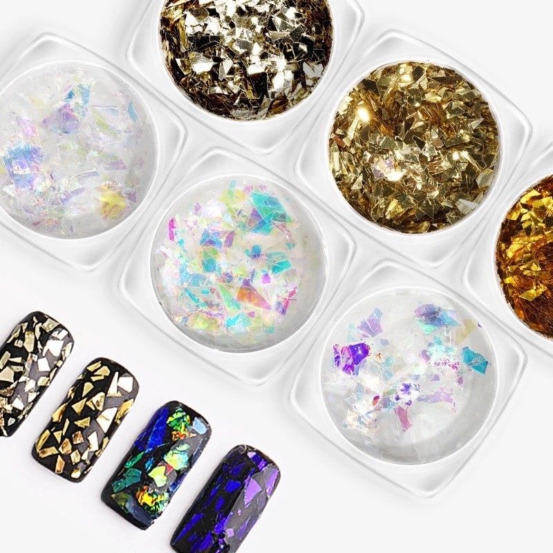 IRREGULAR BROKEN Flakes GLASS FOIL PAPER 3D SEQUINS Nail Art Glitter Pot Aurora