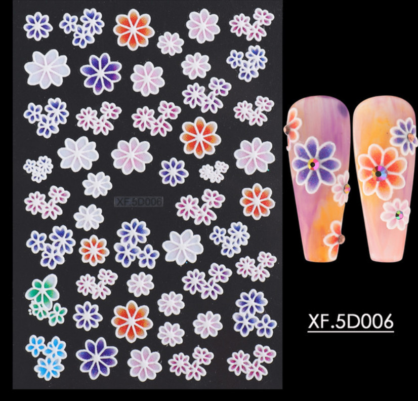5D Embossed Flowers Rose Butterfly Rabbit Daisy Cameo Nail Art Stickers DIY