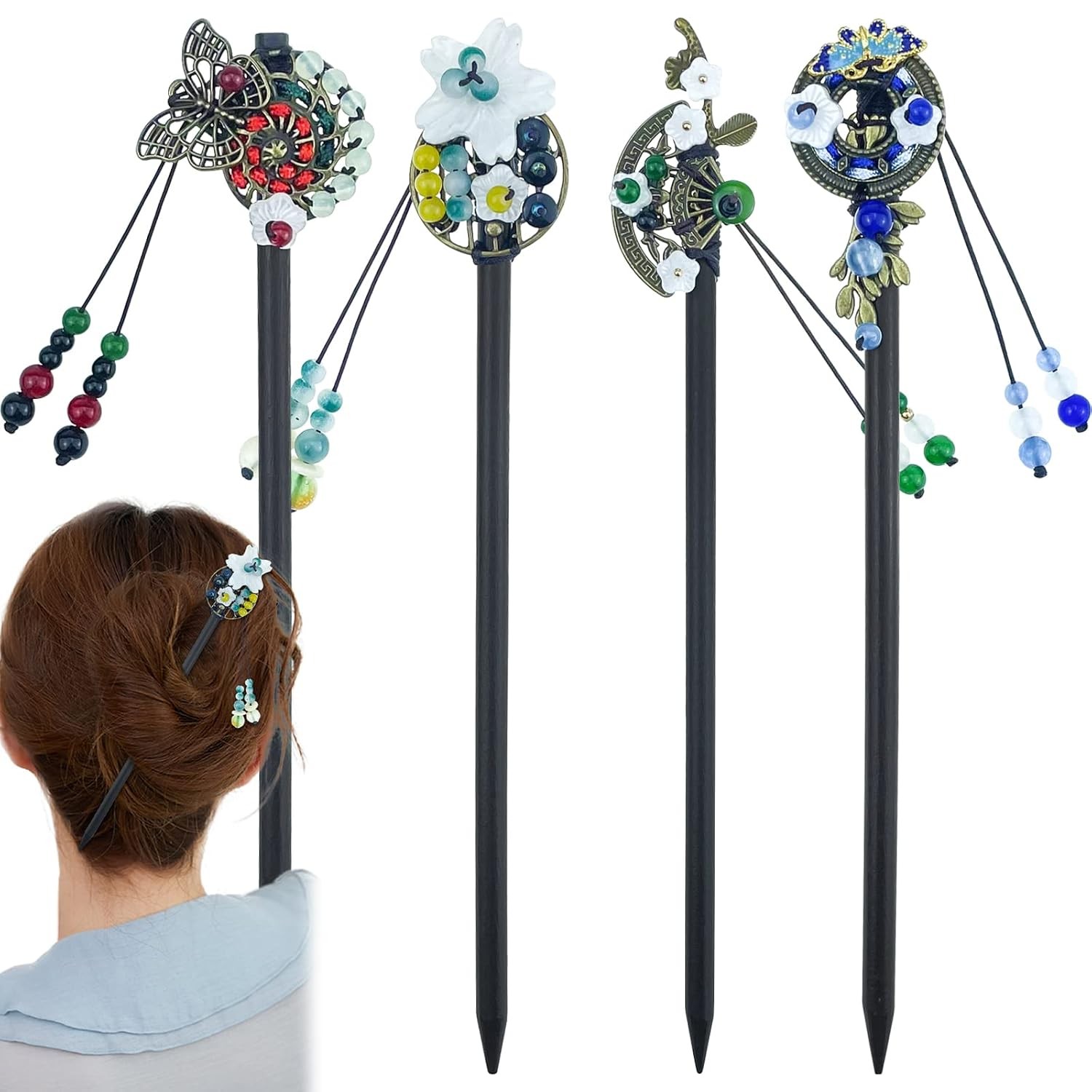 4 Pcs Japanese Chinese Hair Stick Retro Wooden Hairpin Butterfly Multicolor