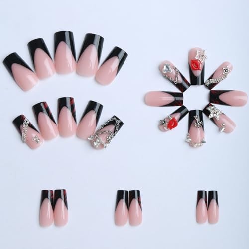 24 Pcs Press on Nails Medium Pink Nail Tips Medium Square 3D Alloy Nail Charms